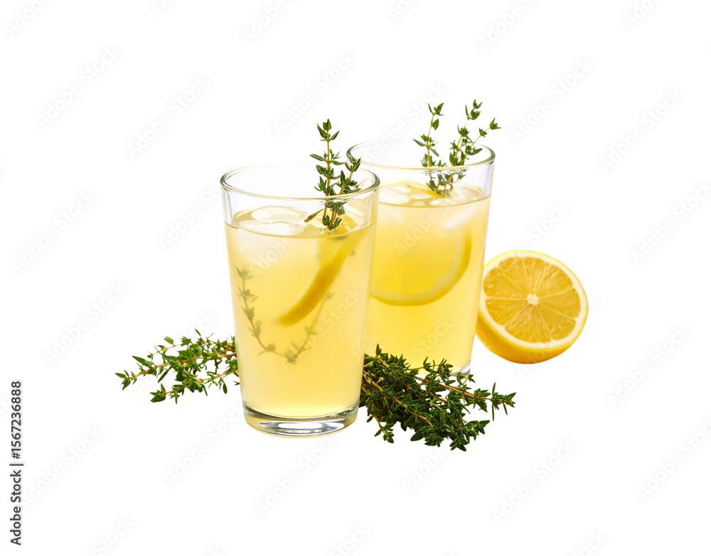 Aufkleber refreshing lemonade with thyme two glasses with ice and lemon slice.