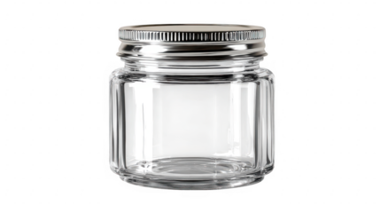 Clear glass jar with silver metal screw cap isolated on transparent background