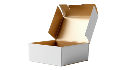 Open white box with gold interior isolated on transparent background