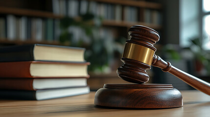 Obraz premium Gavel on a wooden block in front of books
