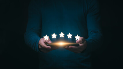 The concept of surveying and evaluating customer service satisfaction towards business, man is...