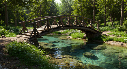 Serene river with wooden bridge