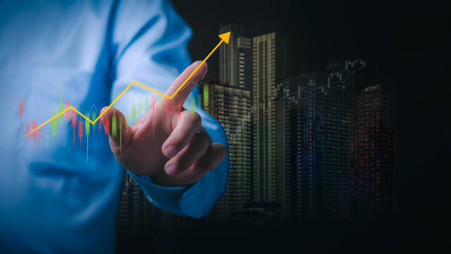 Real Estate Investment Trust Concept and Market Growth for Future Profits, Graphs Showing Rising House Prices, Interest Rates, Mortgages, Consumer Loans, and Investment Opportunities