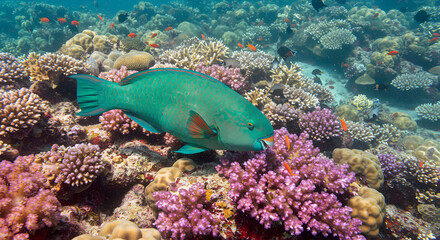 Colorful parrotfish on tropical reef