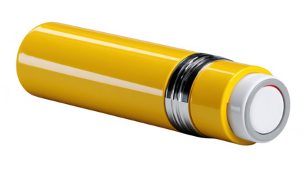 Shiny yellow cylinder with chrome accents and white button isolated on transparent background