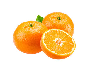 Fresh Oranges Two Whole and One Half with Leaf Detail.