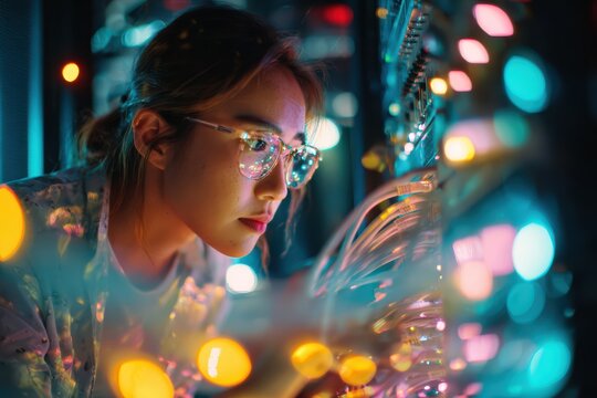 an Asian IT technician working inside a server room