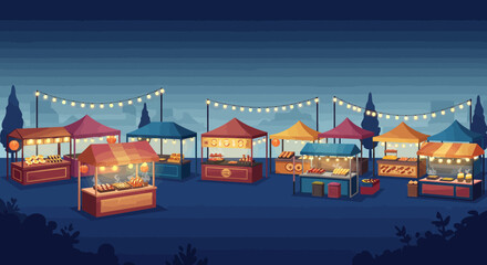 Night Market Festivities: A vibrant night market scene, showcasing illuminated food stalls under a starry sky, buzzing with a sense of community and culinary delights.