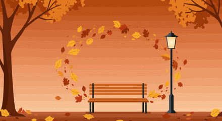 Autumn Serenity: A tranquil autumn scene with a park bench, a lantern, and swirling leaves creating a sense of peace and the beauty of nature.