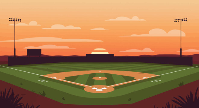 Baseball Field at Dusk: A captivating illustration of a baseball field at dusk, bathed in the warm hues of the setting sun, evoking the anticipation of the game.