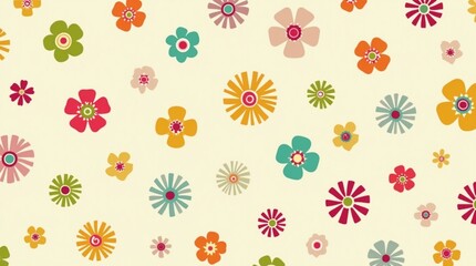 Seamless Retro Floral Pattern with Colorful Flat Design Flowers on a Light Cream Background - Vintage Inspired Botanical Illustration for Spring and Summer.