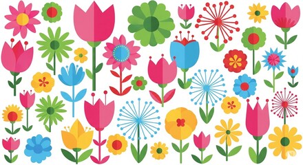Whimsical and Colorful Flat Design Flower Collection on White Background - Playful Vector Illustration for Children, Spring  and Decorative Projects.