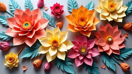 Beautiful Handcrafted Paper Flowers with Green Leaves on a Gray Background - Colorful Artistic Floral Arrangement for Crafts, Decorations and Celebrations.