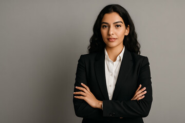 A confident and professional young businesswoman with dark hair, wearing a black suit and white shirt, stands with arms crossed against a grey background