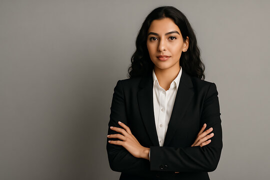 A confident and professional young businesswoman with dark hair, wearing a black suit and white shirt, stands with arms crossed against a grey background