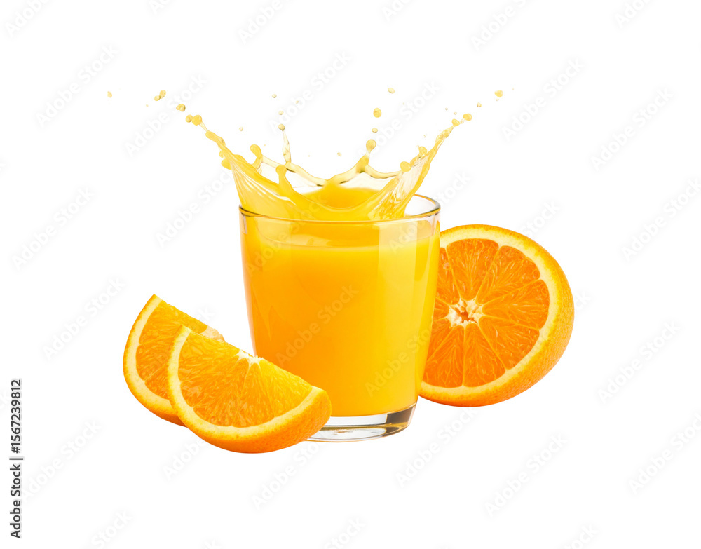 Poster refreshing orange juice splash with sliced oranges vibrant and invigorating.