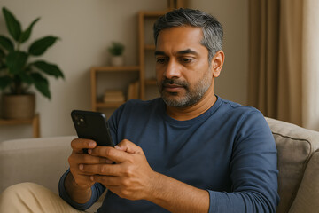 A concentrated middle-aged Indian man with a beard sitting comfortably on a sofa at home, engrossed in his smartphone for cryptocurrency trading