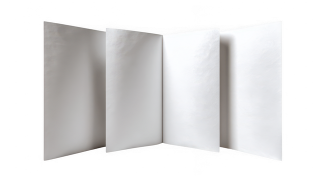 Open blank brochure with four white pages isolated on transparent background