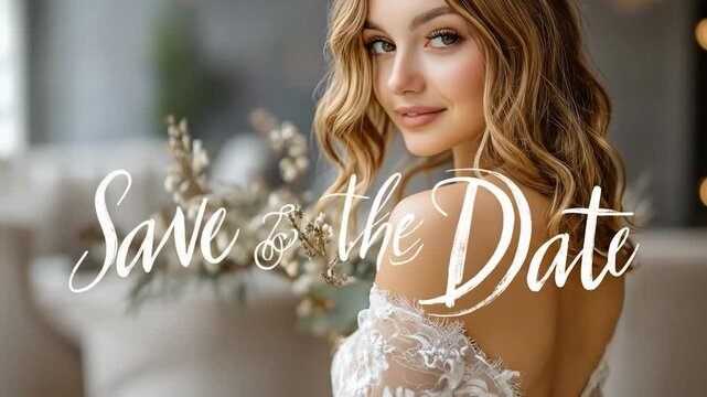 Elegant Bride with Save the Date Text, Wedding Announcement Video Frame