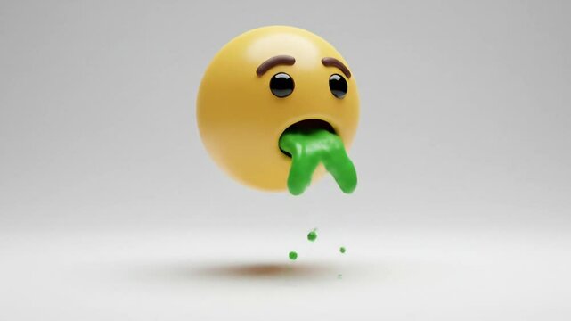 Nauseated Emoji: A 3D rendering of a yellow emoticon exhibiting a nauseous expression, with green slime dripping from its mouth.