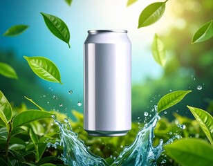 Refreshing tea can mockup with floating young tea leaves and water splashes on tea background. Perfect for beverage ads, natural drink branding, or product packaging design.