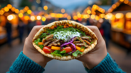 Close-up of a juicy gyro sandwich being held with visible layers of meat, vegetables, and tzatziki, blurred bustling street market