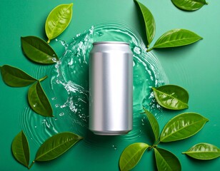 Refreshing tea can mockup with floating young tea leaves and water splashes on green background. Perfect for beverage ads, natural drink branding, or product packaging design.