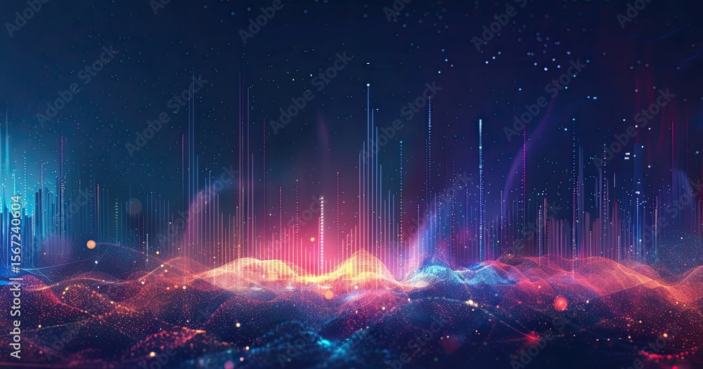 Poster abstract digital landscape with vibrant colors and wave-like patterns.