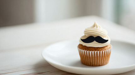 Celebrate dads with a cupcake topped with white frosting and a whimsical black mustache. Perfect treat for Father's Day!