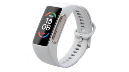 Close view of white fitness tracker on black space for mockup isolated on transparent background