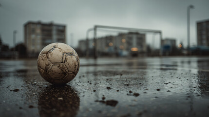 A weathered soccer ball rests on a rain-soaked field, awaiting the next game on an overcast day. Reflective puddles add a moody touch.