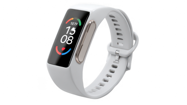 Close view of white fitness tracker on black space for mockup isolated on transparent background