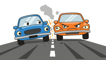 Cartoon Cars Colliding on Road - Funny Illustration of Car Accident