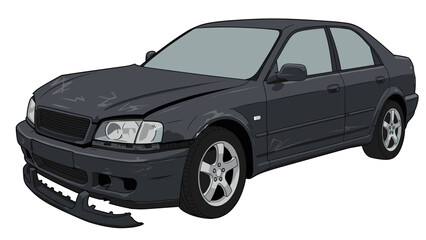 Damaged Dark Gray Sedan, Front View Illustration