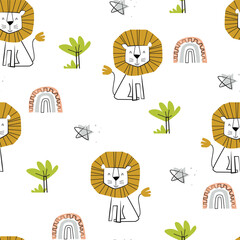 Childish and playful seamless pattern with cute cartoon lion, rainbow, star and tree. Vector illustration for kids or baby apparel,  textile, bedding, wrapping paper, kindergarten and other