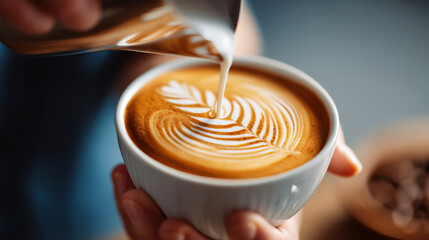 Artful Creation of Coffee Latte with Beautiful Foam Design in White Bowl Held by Hands in a Cozy Setting