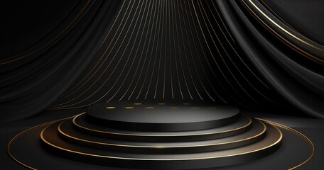 A minimalist stage design with black curtains and golden accents, ideal for presentations.