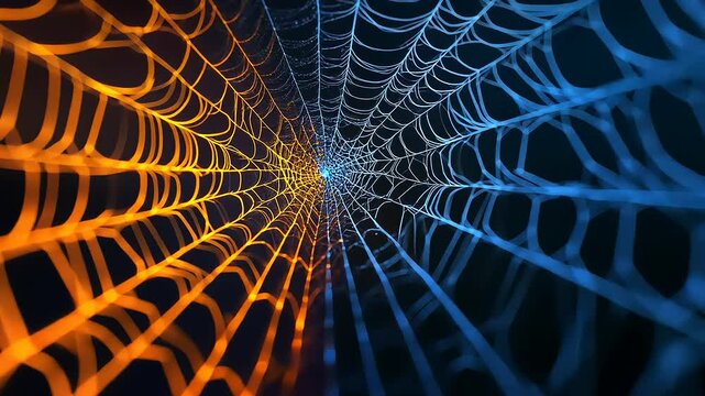Intricate spider web illuminated by orange and blue light, creating a mesmerizing pattern