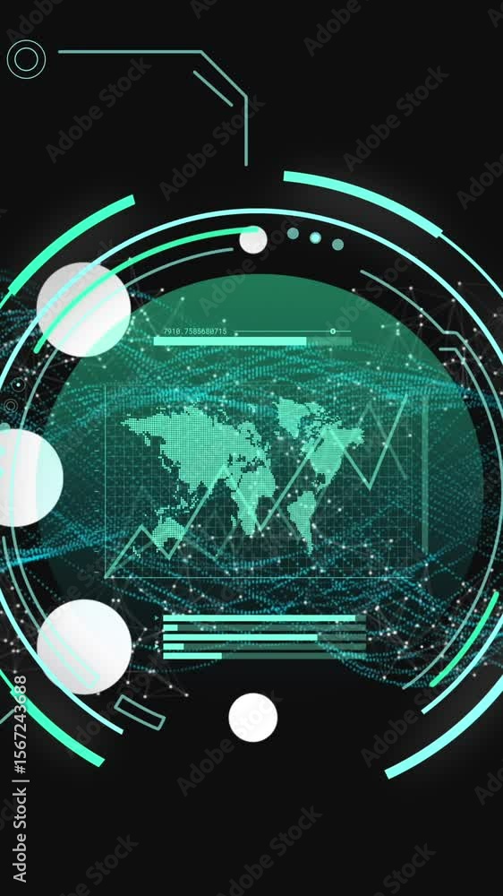 Poster animation of data processing and scope scanning over shapes and world map