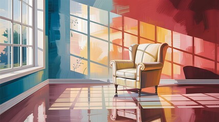 Impressionistic interior with armchair and window light shadow