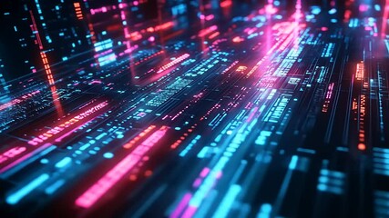Vibrant digital data flow with neon lights creating a futuristic cityscape in the background - Powered by Adobe