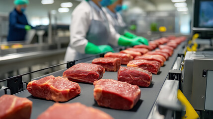 Freshly Cut Beef Cuts on Production Line at Meat Processing Facility with Workers in Clean Environment Handling Meat Products