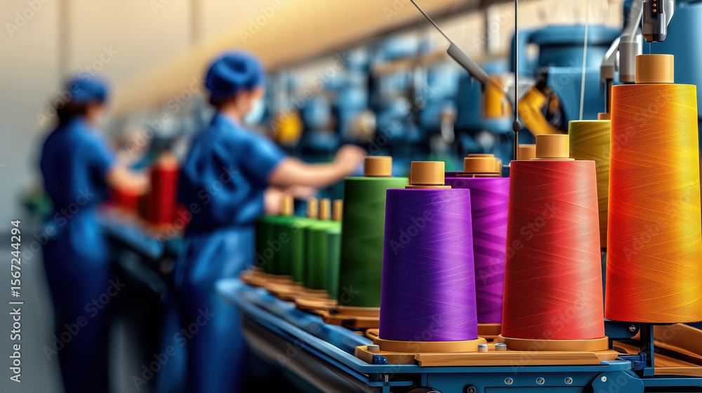 Poster colorful spools of thread in a textile factory with workers creating quality fabric products in a mo