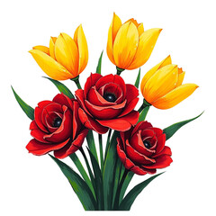 Vibrant red poppies and yellow tulips bouquet transparent background