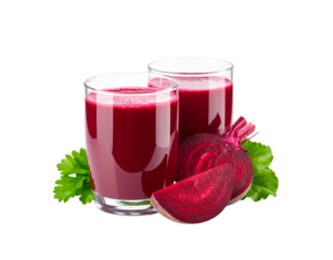 Fresh Beet Juice in Glasses with Sliced Beets and Parsley.
