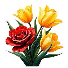 Vibrant red rose and yellow tulips bouquet transparent background