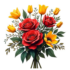 Vibrant red roses and yellow tulips bouquet transparent background