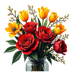 Vibrant red roses and yellow tulips in glass jar transparent background