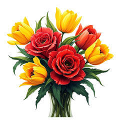 Vibrant red roses and yellow tulips in glass vase transparent background