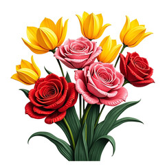 Vibrant roses and yellow tulips bouquet transparent background